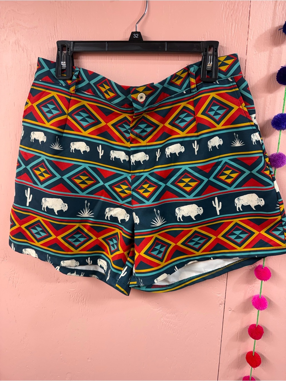 Women's Teal Aztec Print Athletic Shorts with Buffalo Motif